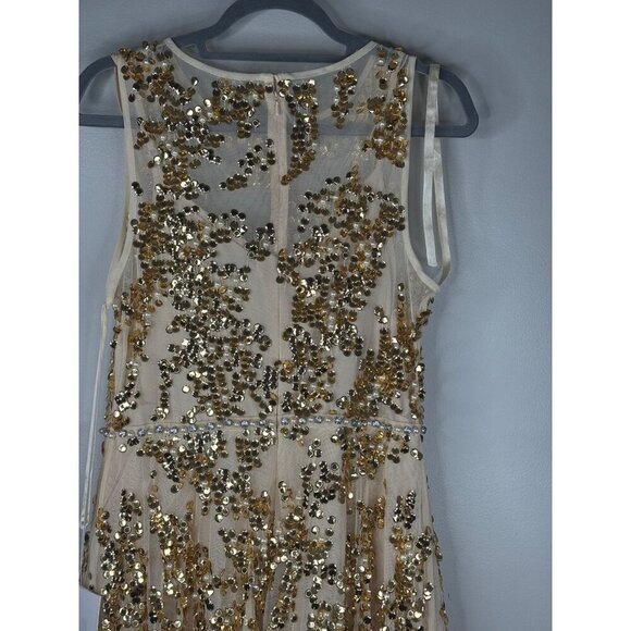 NWT Mac Duggal 10953 Jewel Neckline Embellished Maxi Dress Nude Gold Size 10 - Picture 9 of 9